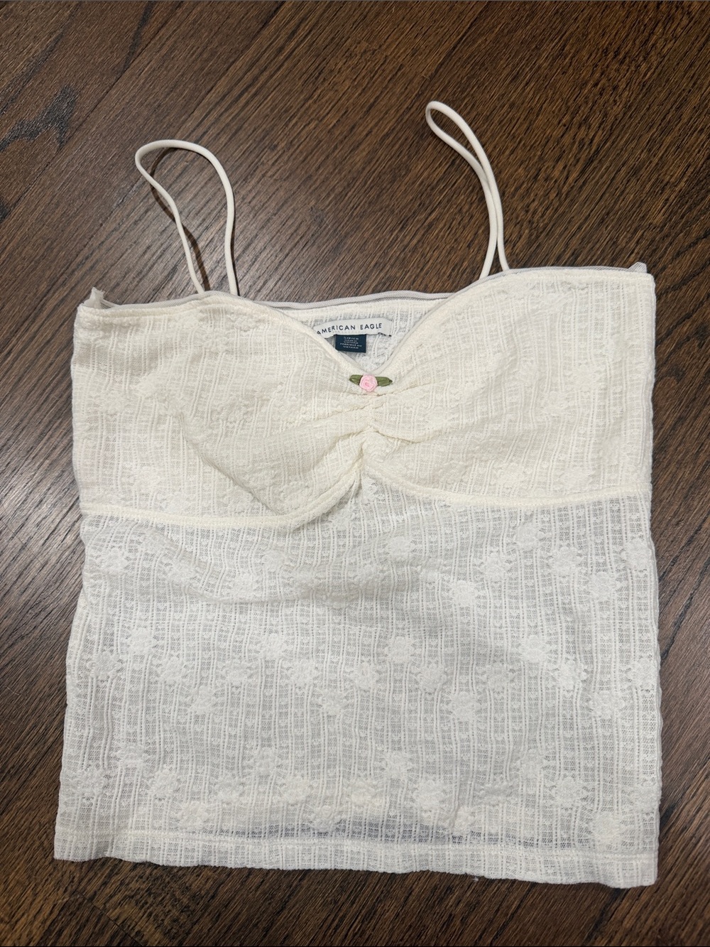 American Eagle Outfitters Cream Lace Cami with Pink Rose Accent